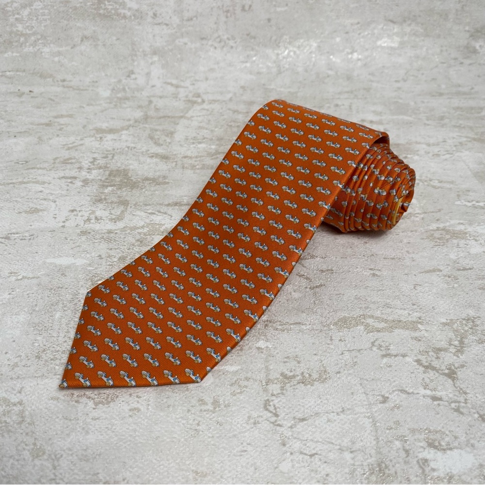 Brand New - Salvatore
Ferragamo Italian - 100% Silk Neck Tie - Lotus Car Orange.
